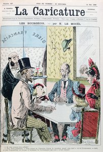 Een burgerlijk paar legt uit dat ze slechts twee kinderen hadden om economische redenen, uit La Caricature, 12 mei 1888
